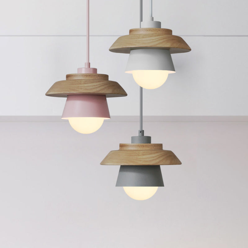 2-Shade Iron Hanging Lamp Kit Macaron Single Pink/Grey/Green and Wood Pendant Lighting Fixture Pink Clearhalo 'Ceiling Lights' 'Pendant Lights' 'Pendants' Lighting' 1911404_1222b7c8-4516-4a00-b710-b3789fd3ea0a