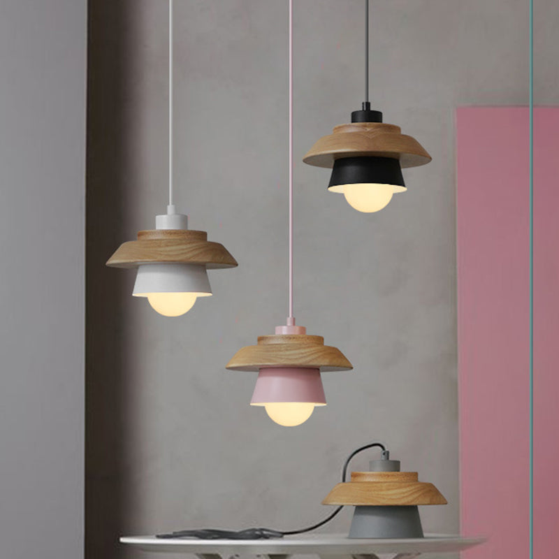 2-Shade Iron Hanging Lamp Kit Macaron Single Pink/Grey/Green and Wood Pendant Lighting Fixture Clearhalo 'Ceiling Lights' 'Pendant Lights' 'Pendants' Lighting' 1911405