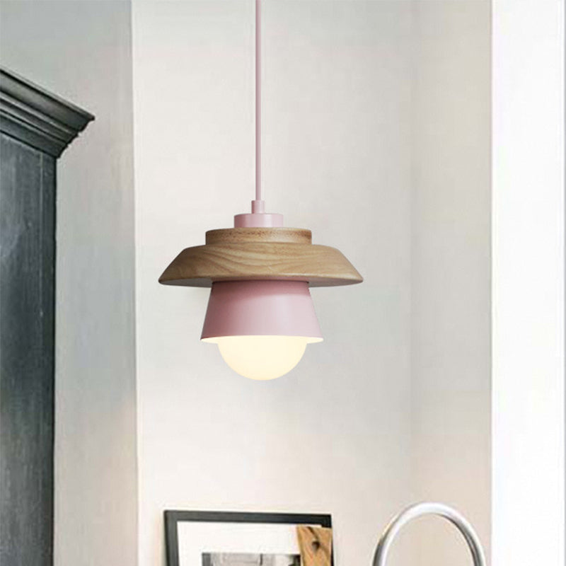 2-Shade Iron Hanging Lamp Kit Macaron Single Pink/Grey/Green and Wood Pendant Lighting Fixture Clearhalo 'Ceiling Lights' 'Pendant Lights' 'Pendants' Lighting' 1911406