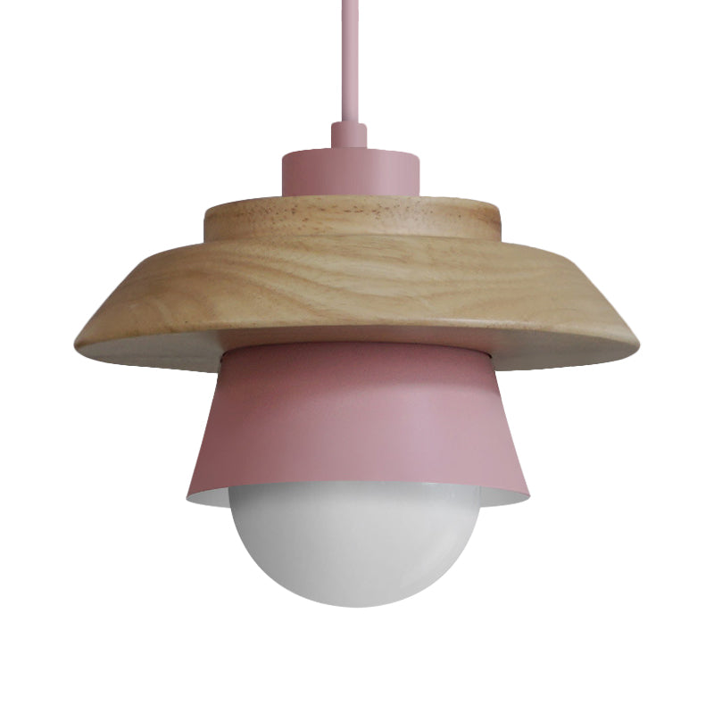 2-Shade Iron Hanging Lamp Kit Macaron Single Pink/Grey/Green and Wood Pendant Lighting Fixture Clearhalo 'Ceiling Lights' 'Pendant Lights' 'Pendants' Lighting' 1911407