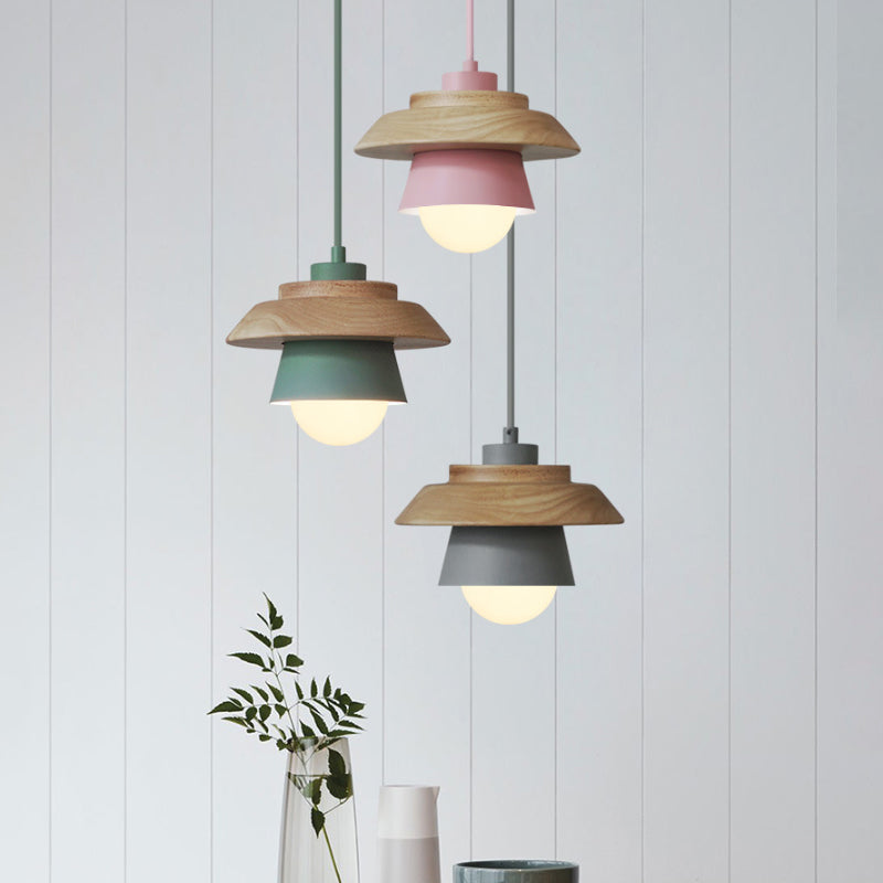 2-Shade Iron Hanging Lamp Kit Macaron Single Pink/Grey/Green and Wood Pendant Lighting Fixture Clearhalo 'Ceiling Lights' 'Pendant Lights' 'Pendants' Lighting' 1911408