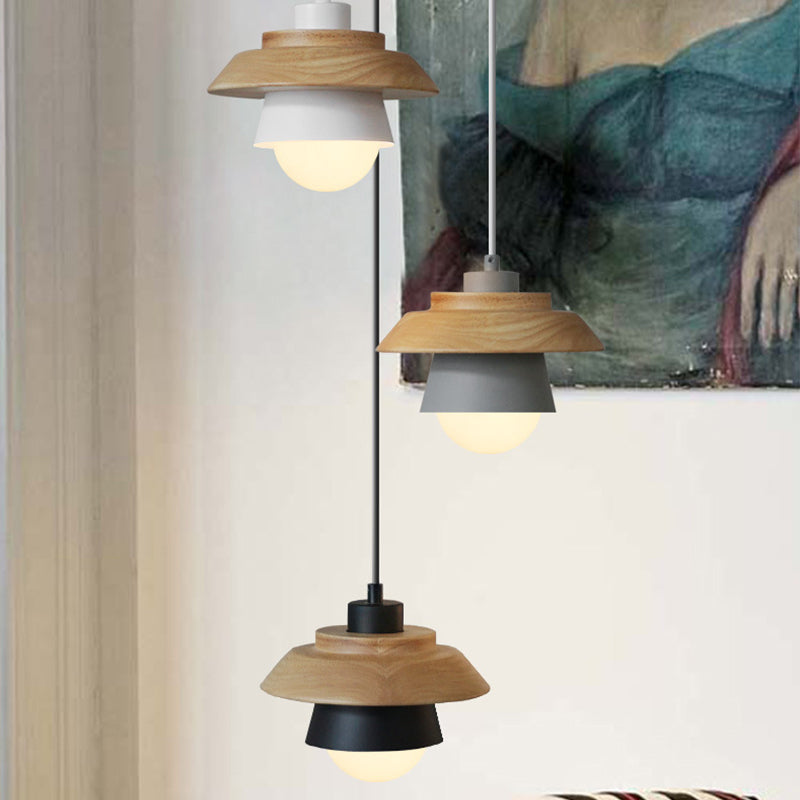 2-Shade Iron Hanging Lamp Kit Macaron Single Pink/Grey/Green and Wood Pendant Lighting Fixture Clearhalo 'Ceiling Lights' 'Pendant Lights' 'Pendants' Lighting' 1911409