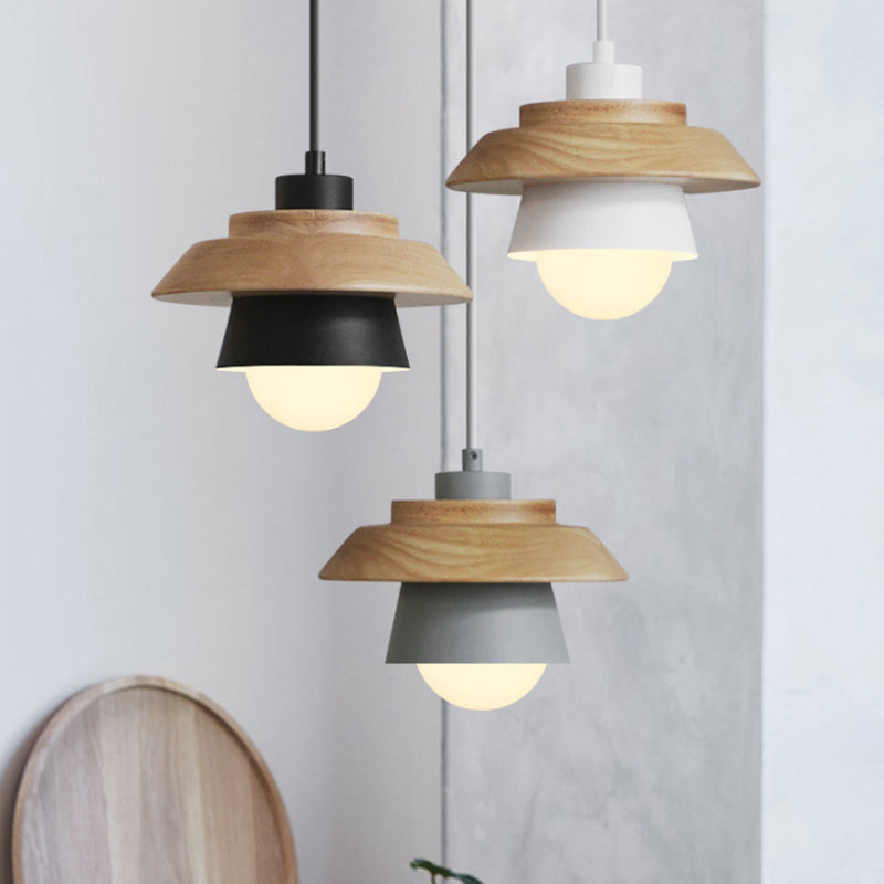 2-Shade Iron Hanging Lamp Kit Macaron Single Pink/Grey/Green and Wood Pendant Lighting Fixture Clearhalo 'Ceiling Lights' 'Pendant Lights' 'Pendants' Lighting' 1911410