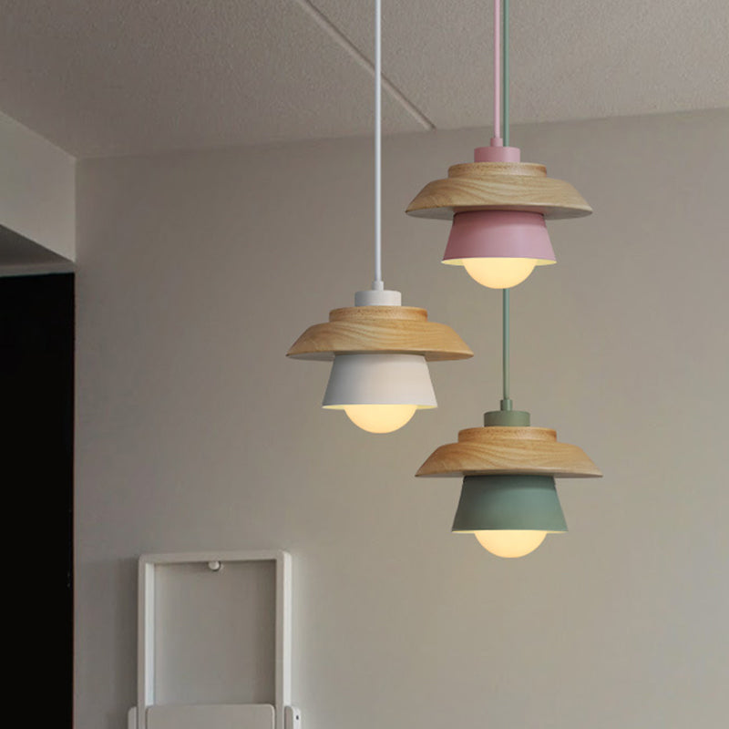 2-Shade Iron Hanging Lamp Kit Macaron Single Pink/Grey/Green and Wood Pendant Lighting Fixture Clearhalo 'Ceiling Lights' 'Pendant Lights' 'Pendants' Lighting' 1911413