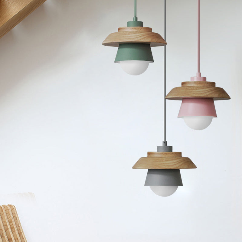 2-Shade Iron Hanging Lamp Kit Macaron Single Pink/Grey/Green and Wood Pendant Lighting Fixture Clearhalo 'Ceiling Lights' 'Pendant Lights' 'Pendants' Lighting' 1911414