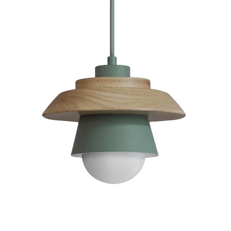 2-Shade Iron Hanging Lamp Kit Macaron Single Pink/Grey/Green and Wood Pendant Lighting Fixture Clearhalo 'Ceiling Lights' 'Pendant Lights' 'Pendants' Lighting' 1911415