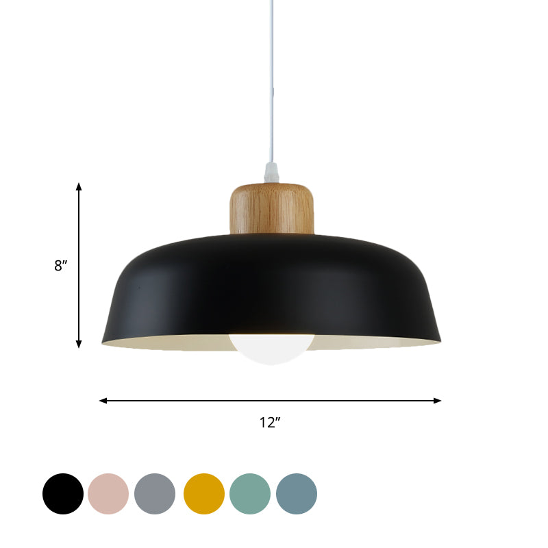 Bowl Shade Restaurant Pendant Lamp Metallic 1 Bulb Macaron Hanging Light in Pink/Blue/Yellow with Wood Knob Clearhalo 'Ceiling Lights' 'Pendant Lights' 'Pendants' Lighting' 1911418