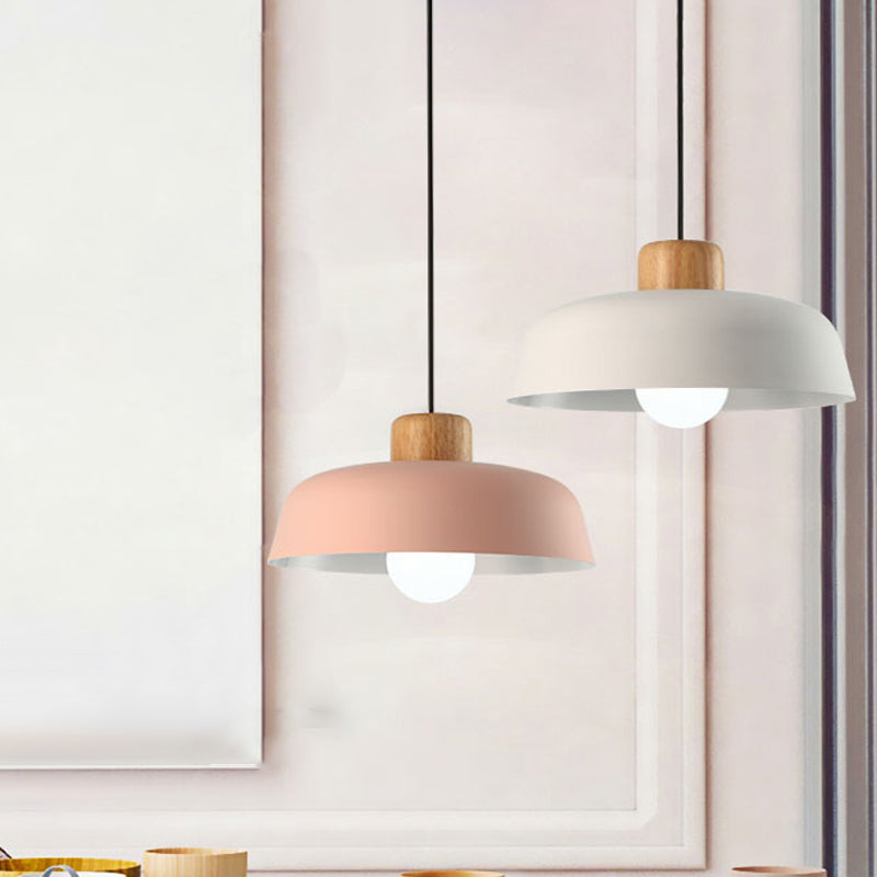 Bowl Shade Restaurant Pendant Lamp Metallic 1 Bulb Macaron Hanging Light in Pink/Blue/Yellow with Wood Knob Clearhalo 'Ceiling Lights' 'Pendant Lights' 'Pendants' Lighting' 1911419