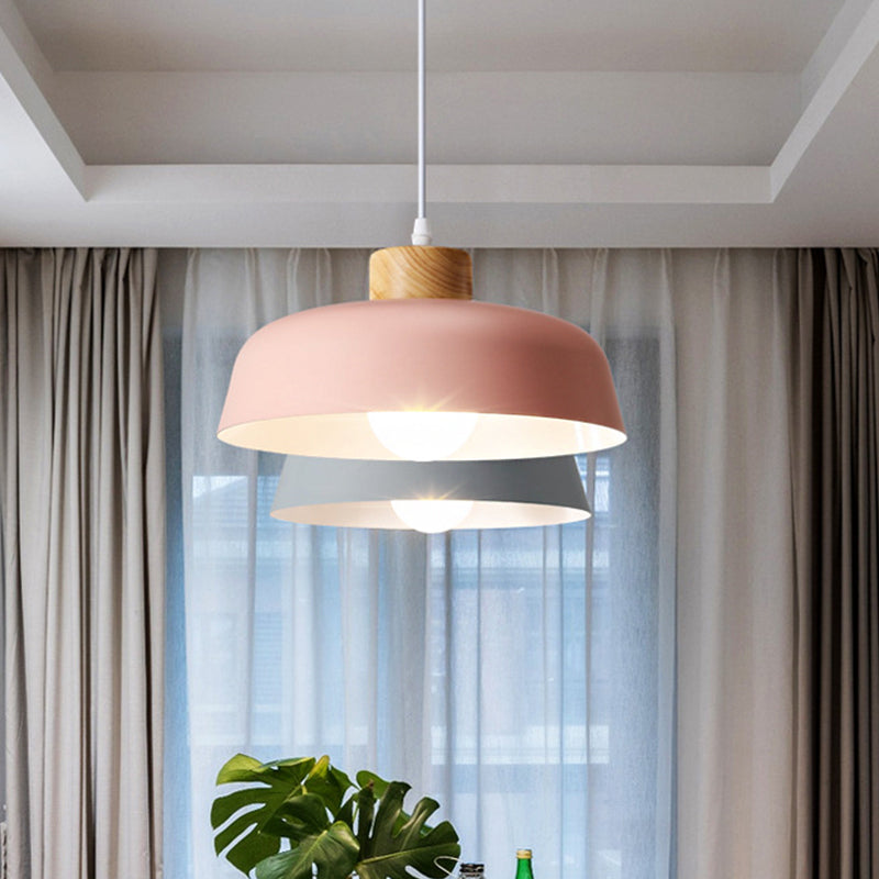 Bowl Shade Restaurant Pendant Lamp Metallic 1 Bulb Macaron Hanging Light in Pink/Blue/Yellow with Wood Knob Clearhalo 'Ceiling Lights' 'Pendant Lights' 'Pendants' Lighting' 1911421