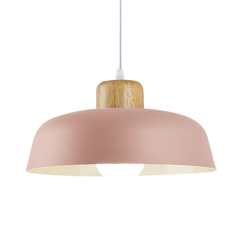 Bowl Shade Restaurant Pendant Lamp Metallic 1 Bulb Macaron Hanging Light in Pink/Blue/Yellow with Wood Knob Clearhalo 'Ceiling Lights' 'Pendant Lights' 'Pendants' Lighting' 1911422