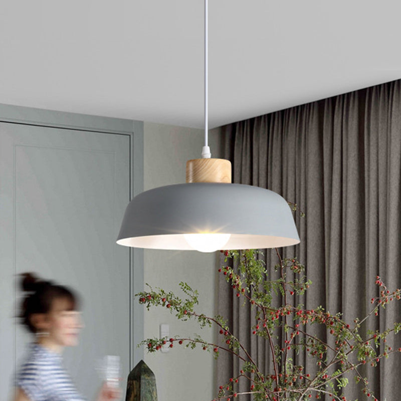 Bowl Shade Restaurant Pendant Lamp Metallic 1 Bulb Macaron Hanging Light in Pink/Blue/Yellow with Wood Knob Clearhalo 'Ceiling Lights' 'Pendant Lights' 'Pendants' Lighting' 1911423