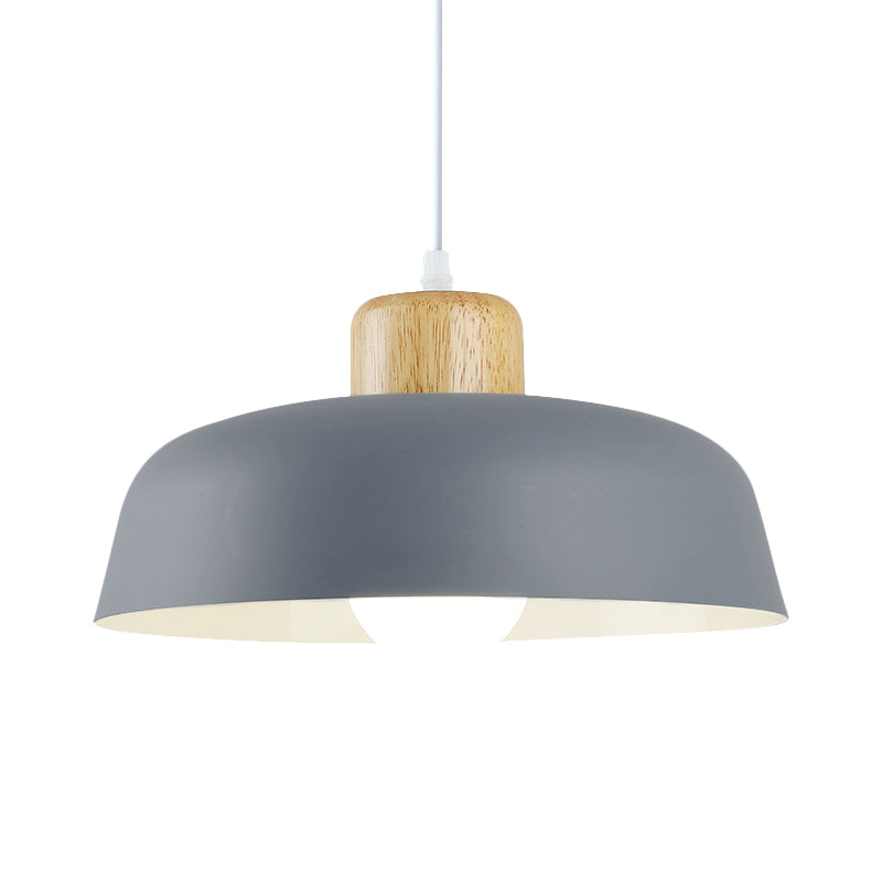 Bowl Shade Restaurant Pendant Lamp Metallic 1 Bulb Macaron Hanging Light in Pink/Blue/Yellow with Wood Knob Clearhalo 'Ceiling Lights' 'Pendant Lights' 'Pendants' Lighting' 1911424