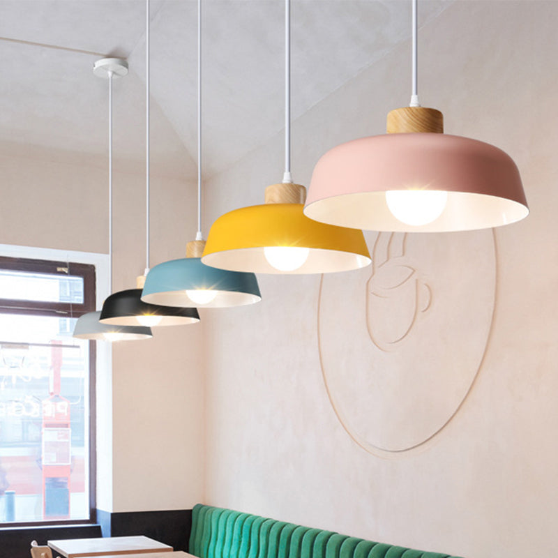 Bowl Shade Restaurant Pendant Lamp Metallic 1 Bulb Macaron Hanging Light in Pink/Blue/Yellow with Wood Knob Clearhalo 'Ceiling Lights' 'Pendant Lights' 'Pendants' Lighting' 1911425