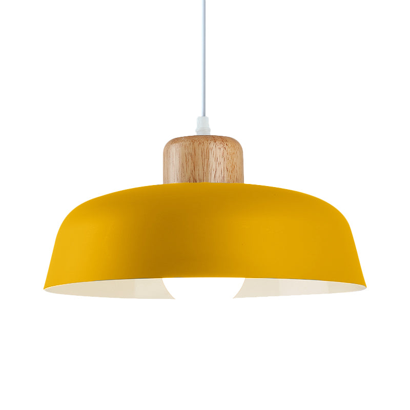 Bowl Shade Restaurant Pendant Lamp Metallic 1 Bulb Macaron Hanging Light in Pink/Blue/Yellow with Wood Knob Clearhalo 'Ceiling Lights' 'Pendant Lights' 'Pendants' Lighting' 1911426