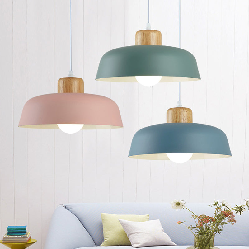 Bowl Shade Restaurant Pendant Lamp Metallic 1 Bulb Macaron Hanging Light in Pink/Blue/Yellow with Wood Knob Clearhalo 'Ceiling Lights' 'Pendant Lights' 'Pendants' Lighting' 1911427