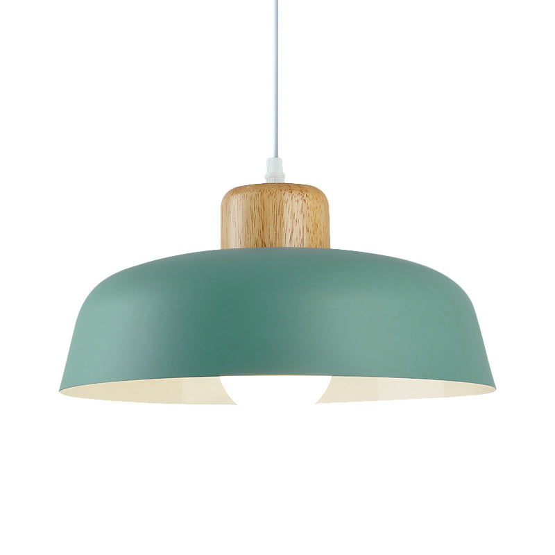 Bowl Shade Restaurant Pendant Lamp Metallic 1 Bulb Macaron Hanging Light in Pink/Blue/Yellow with Wood Knob Clearhalo 'Ceiling Lights' 'Pendant Lights' 'Pendants' Lighting' 1911428