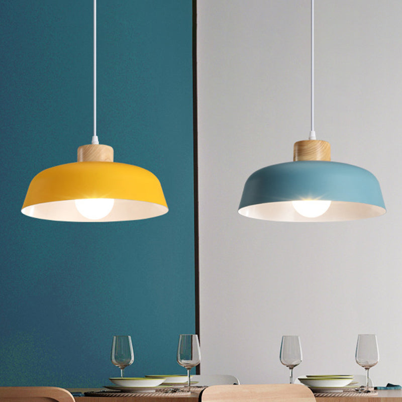 Bowl Shade Restaurant Pendant Lamp Metallic 1 Bulb Macaron Hanging Light in Pink/Blue/Yellow with Wood Knob Clearhalo 'Ceiling Lights' 'Pendant Lights' 'Pendants' Lighting' 1911429