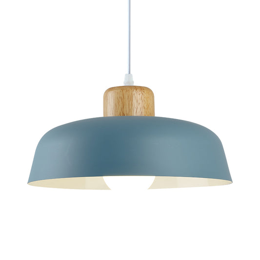 Bowl Shade Restaurant Pendant Lamp Metallic 1 Bulb Macaron Hanging Light in Pink/Blue/Yellow with Wood Knob Clearhalo 'Ceiling Lights' 'Pendant Lights' 'Pendants' Lighting' 1911430