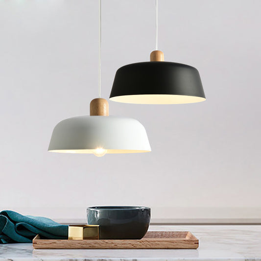 Black/White Flat-Bowl Shaped Pendant Nordic Metal 1 Light Ceiling Hang Lamp with Wood Top Clearhalo 'Ceiling Lights' 'Pendant Lights' 'Pendants' Lighting' 1911431