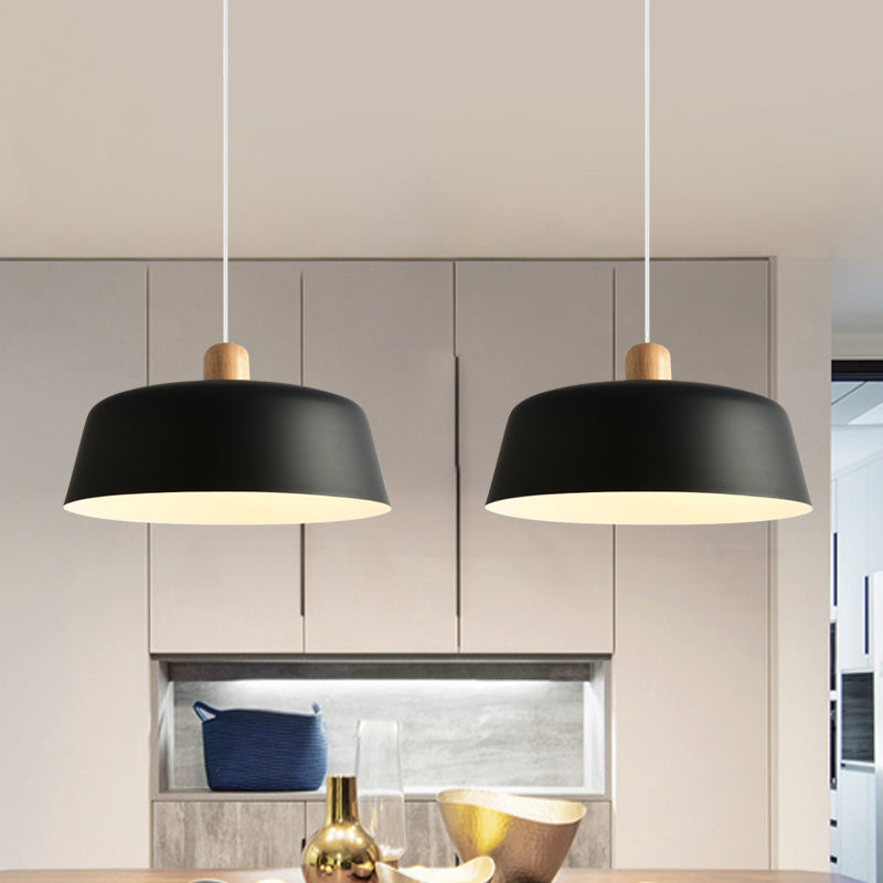 Black/White Flat-Bowl Shaped Pendant Nordic Metal 1 Light Ceiling Hang Lamp with Wood Top Clearhalo 'Ceiling Lights' 'Pendant Lights' 'Pendants' Lighting' 1911432