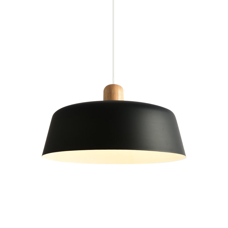 Black/White Flat-Bowl Shaped Pendant Nordic Metal 1 Light Ceiling Hang Lamp with Wood Top Clearhalo 'Ceiling Lights' 'Pendant Lights' 'Pendants' Lighting' 1911434