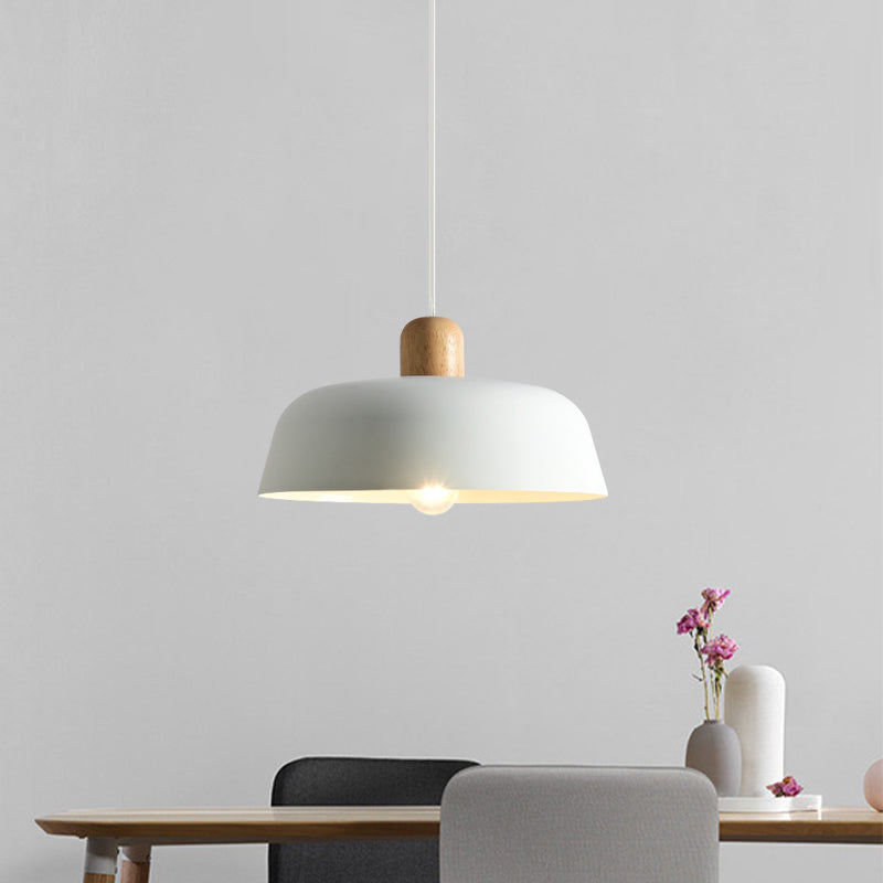 Black/White Flat-Bowl Shaped Pendant Nordic Metal 1 Light Ceiling Hang Lamp with Wood Top Clearhalo 'Ceiling Lights' 'Pendant Lights' 'Pendants' Lighting' 1911436