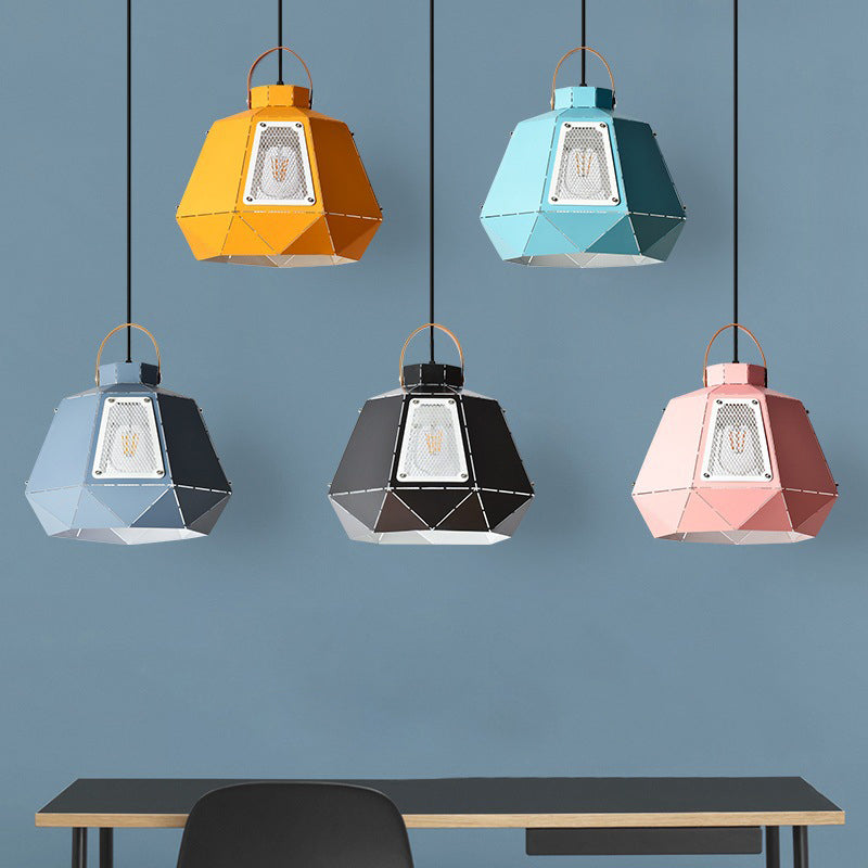 Macaron Laser-Cut Pot Pendant Light Kit Iron 1 Head Pink/Yellow/Blue Suspension Lighting with Mesh Screen Clearhalo 'Ceiling Lights' 'Pendant Lights' 'Pendants' Lighting' 1911454