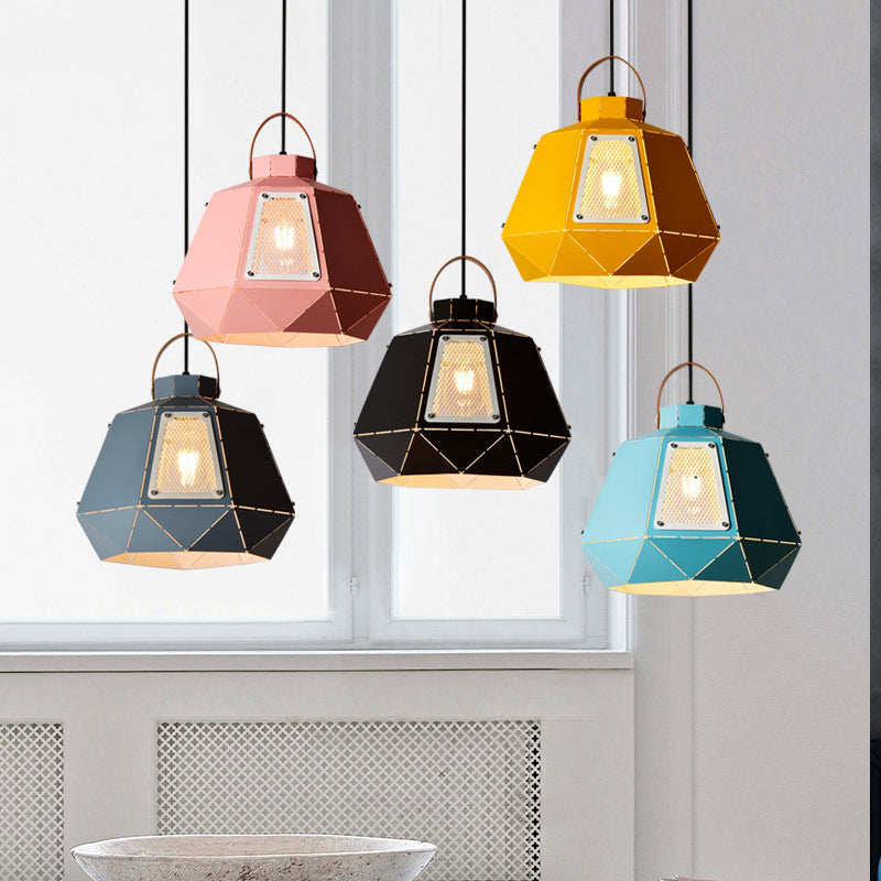 Macaron Laser-Cut Pot Pendant Light Kit Iron 1 Head Pink/Yellow/Blue Suspension Lighting with Mesh Screen Clearhalo 'Ceiling Lights' 'Pendant Lights' 'Pendants' Lighting' 1911459