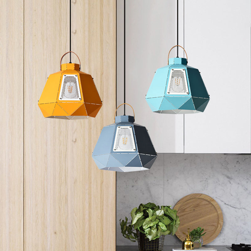 Macaron Laser-Cut Pot Pendant Light Kit Iron 1 Head Pink/Yellow/Blue Suspension Lighting with Mesh Screen Yellow Clearhalo 'Ceiling Lights' 'Pendant Lights' 'Pendants' Lighting' 1911462_e3e51e11-3c0c-4095-a58f-694460e9ad4e