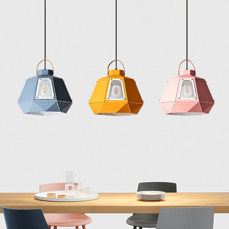 Macaron Laser-Cut Pot Pendant Light Kit Iron 1 Head Pink/Yellow/Blue Suspension Lighting with Mesh Screen Clearhalo 'Ceiling Lights' 'Pendant Lights' 'Pendants' Lighting' 1911463