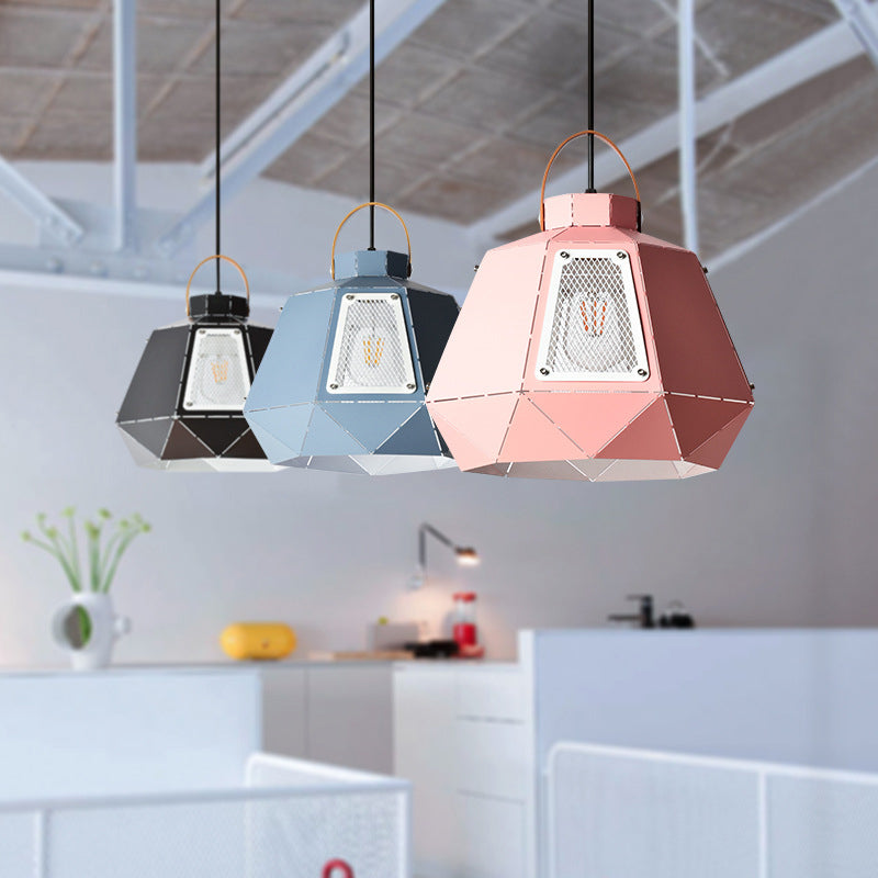 Macaron Laser-Cut Pot Pendant Light Kit Iron 1 Head Pink/Yellow/Blue Suspension Lighting with Mesh Screen Clearhalo 'Ceiling Lights' 'Pendant Lights' 'Pendants' Lighting' 1911466