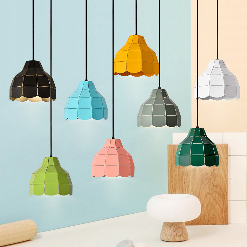 Laser Cut Floral Aluminum Drop Pendant Macaron 1 Bulb Green/Yellow/Grey Hanging Light Fixture Clearhalo 'Ceiling Lights' 'Pendant Lights' 'Pendants' Lighting' 1911473