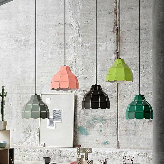 Laser Cut Floral Aluminum Drop Pendant Macaron 1 Bulb Green/Yellow/Grey Hanging Light Fixture Clearhalo 'Ceiling Lights' 'Pendant Lights' 'Pendants' Lighting' 1911474