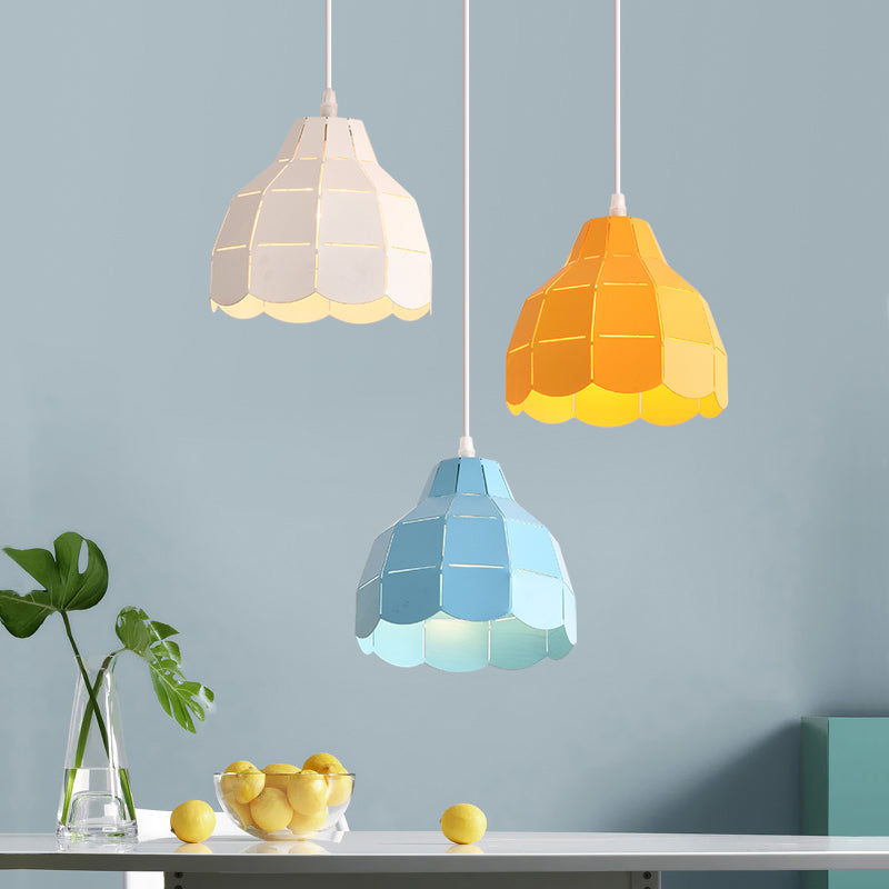 Laser Cut Floral Aluminum Drop Pendant Macaron 1 Bulb Green/Yellow/Grey Hanging Light Fixture Clearhalo 'Ceiling Lights' 'Pendant Lights' 'Pendants' Lighting' 1911477