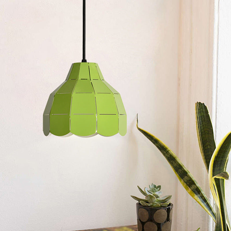 Laser Cut Floral Aluminum Drop Pendant Macaron 1 Bulb Green/Yellow/Grey Hanging Light Fixture Clearhalo 'Ceiling Lights' 'Pendant Lights' 'Pendants' Lighting' 1911479