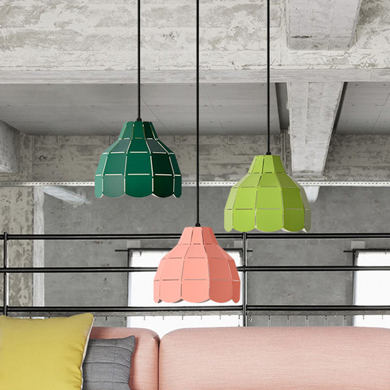 Laser Cut Floral Aluminum Drop Pendant Macaron 1 Bulb Green/Yellow/Grey Hanging Light Fixture Clearhalo 'Ceiling Lights' 'Pendant Lights' 'Pendants' Lighting' 1911481