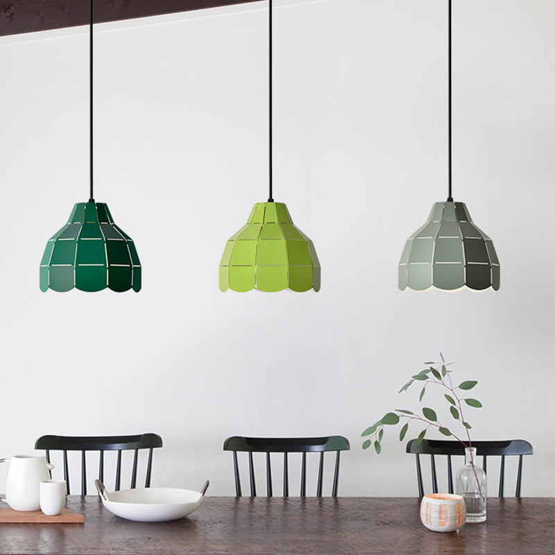 Laser Cut Floral Aluminum Drop Pendant Macaron 1 Bulb Green/Yellow/Grey Hanging Light Fixture Clearhalo 'Ceiling Lights' 'Pendant Lights' 'Pendants' Lighting' 1911483