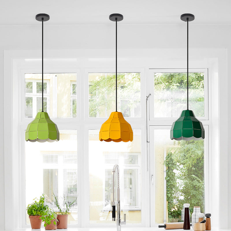 Laser Cut Floral Aluminum Drop Pendant Macaron 1 Bulb Green/Yellow/Grey Hanging Light Fixture Yellow Clearhalo 'Ceiling Lights' 'Pendant Lights' 'Pendants' Lighting' 1911487_73c89485-a9ff-41a1-bf98-bcd06b5f3d69