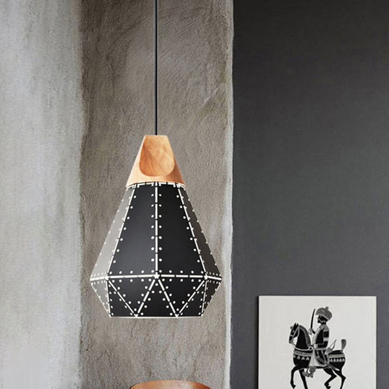 Diamond Iron Hanging Pendant Macaron 1-Light Grey/White/Blue and Wood Suspension Lamp with Laser Cut Design Black Clearhalo 'Ceiling Lights' 'Pendant Lights' 'Pendants' Lighting' 1911508_a0a978e0-e2cd-41e0-ac1b-5128b916ce94