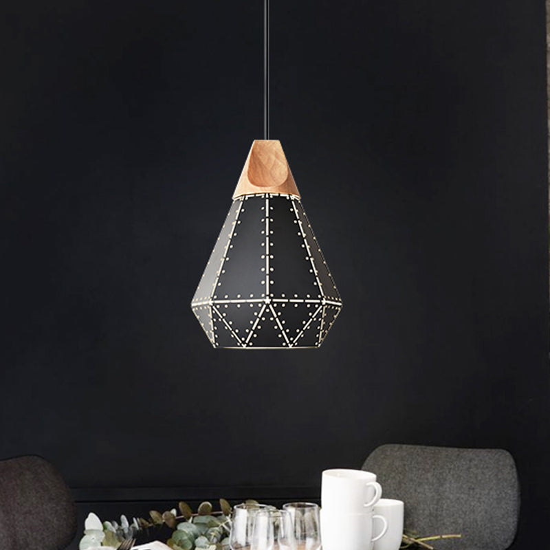 Diamond Iron Hanging Pendant Macaron 1-Light Grey/White/Blue and Wood Suspension Lamp with Laser Cut Design Clearhalo 'Ceiling Lights' 'Pendant Lights' 'Pendants' Lighting' 1911509