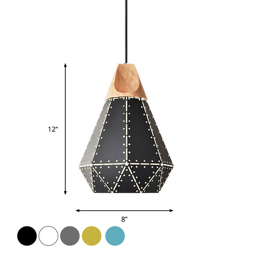 Diamond Iron Hanging Pendant Macaron 1-Light Grey/White/Blue and Wood Suspension Lamp with Laser Cut Design Clearhalo 'Ceiling Lights' 'Pendant Lights' 'Pendants' Lighting' 1911511