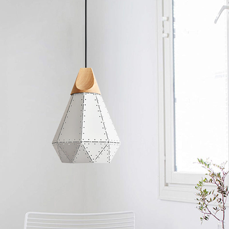 Diamond Iron Hanging Pendant Macaron 1-Light Grey/White/Blue and Wood Suspension Lamp with Laser Cut Design Clearhalo 'Ceiling Lights' 'Pendant Lights' 'Pendants' Lighting' 1911512