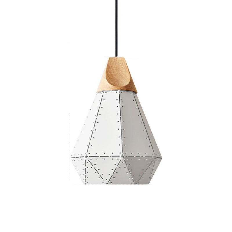 Diamond Iron Hanging Pendant Macaron 1-Light Grey/White/Blue and Wood Suspension Lamp with Laser Cut Design Clearhalo 'Ceiling Lights' 'Pendant Lights' 'Pendants' Lighting' 1911513