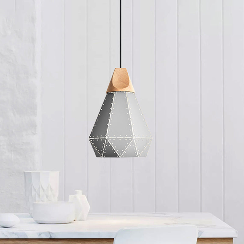 Diamond Iron Hanging Pendant Macaron 1-Light Grey/White/Blue and Wood Suspension Lamp with Laser Cut Design Clearhalo 'Ceiling Lights' 'Pendant Lights' 'Pendants' Lighting' 1911514