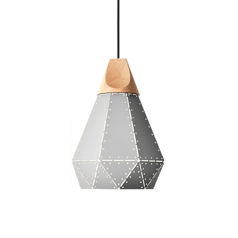 Diamond Iron Hanging Pendant Macaron 1-Light Grey/White/Blue and Wood Suspension Lamp with Laser Cut Design Clearhalo 'Ceiling Lights' 'Pendant Lights' 'Pendants' Lighting' 1911515