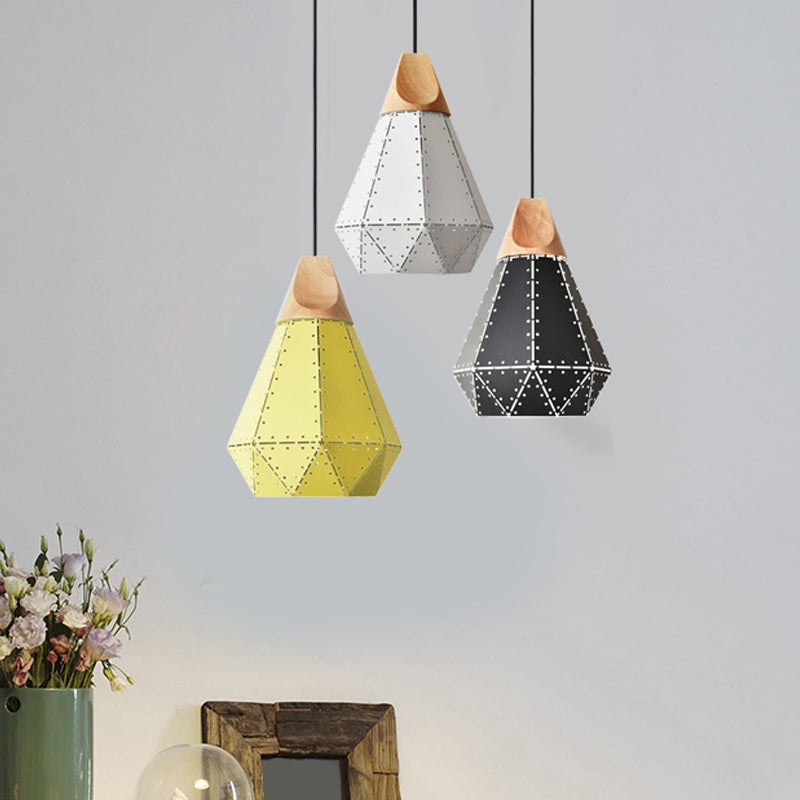 Diamond Iron Hanging Pendant Macaron 1-Light Grey/White/Blue and Wood Suspension Lamp with Laser Cut Design Yellow Clearhalo 'Ceiling Lights' 'Pendant Lights' 'Pendants' Lighting' 1911516_5aeb0692-157d-4107-aea5-764de3866aa4