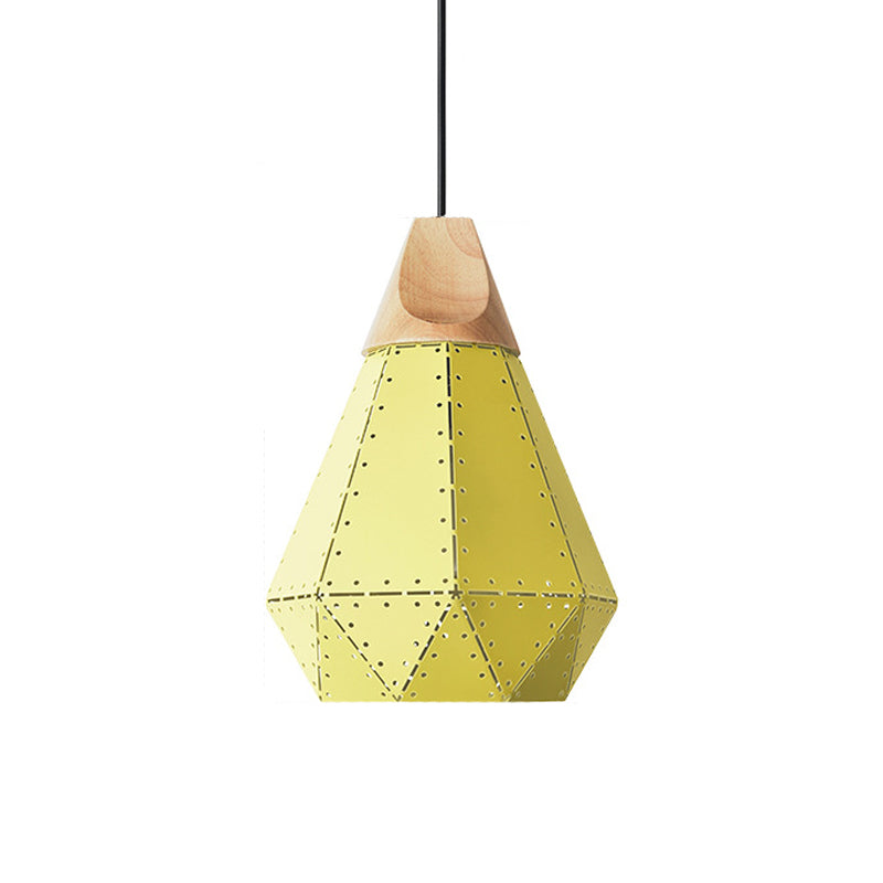 Diamond Iron Hanging Pendant Macaron 1-Light Grey/White/Blue and Wood Suspension Lamp with Laser Cut Design Clearhalo 'Ceiling Lights' 'Pendant Lights' 'Pendants' Lighting' 1911519