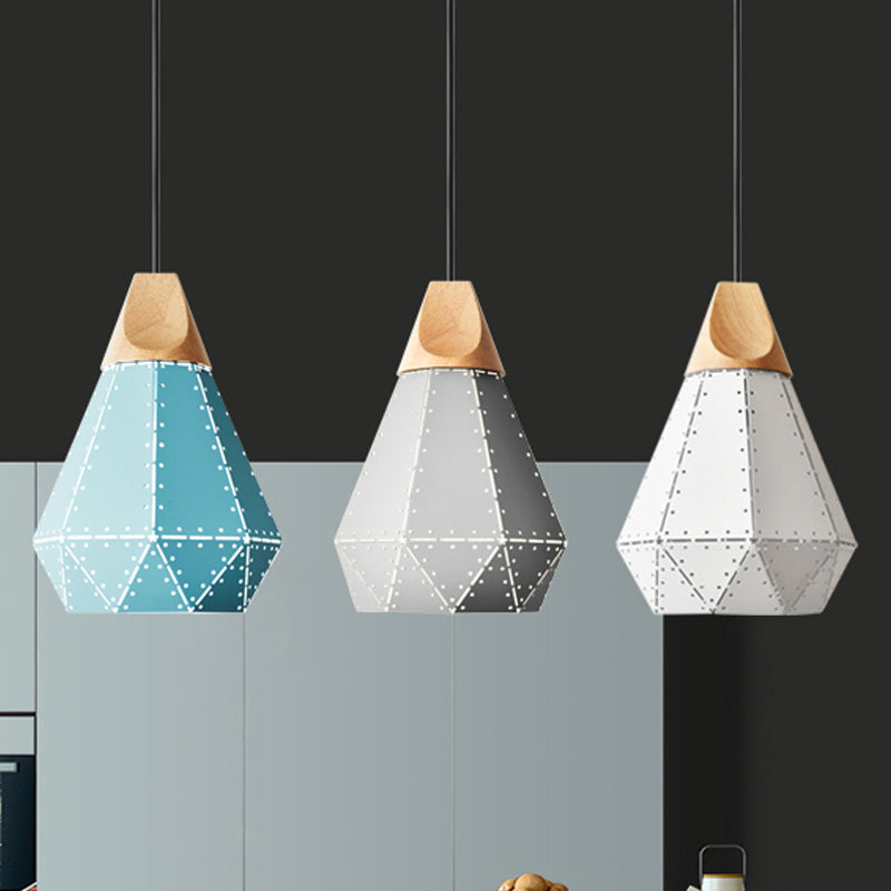 Diamond Iron Hanging Pendant Macaron 1-Light Grey/White/Blue and Wood Suspension Lamp with Laser Cut Design Clearhalo 'Ceiling Lights' 'Pendant Lights' 'Pendants' Lighting' 1911520