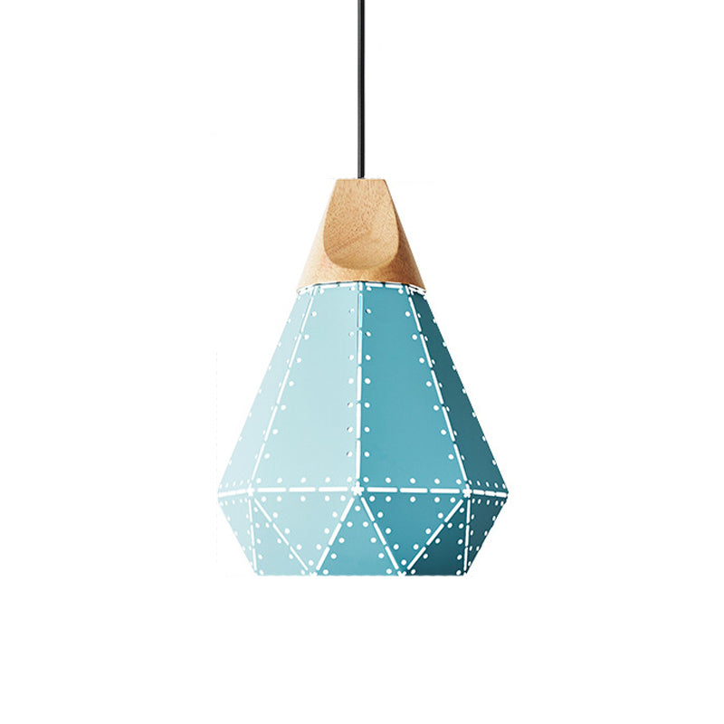 Diamond Iron Hanging Pendant Macaron 1-Light Grey/White/Blue and Wood Suspension Lamp with Laser Cut Design Clearhalo 'Ceiling Lights' 'Pendant Lights' 'Pendants' Lighting' 1911521