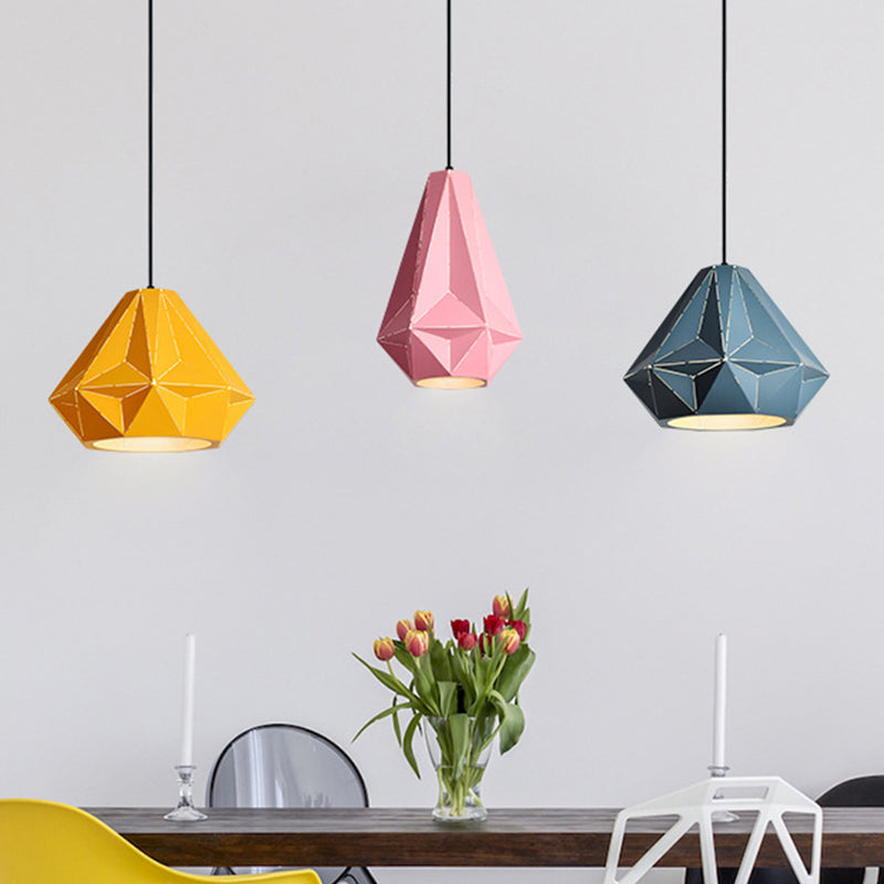 Iron Origami Diamond Pendulum Light Macaron Single-Bulb Suspension Pendant Light in Yellow/Dark Blue/Pink Clearhalo 'Ceiling Lights' 'Pendant Lights' 'Pendants' Lighting' 1911526